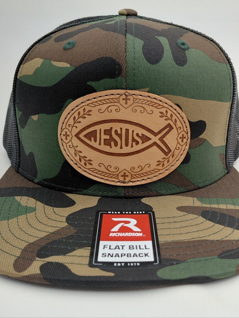 Jesus Fish Leather Patch Richardson Camouflage Mesh Snapback Hat